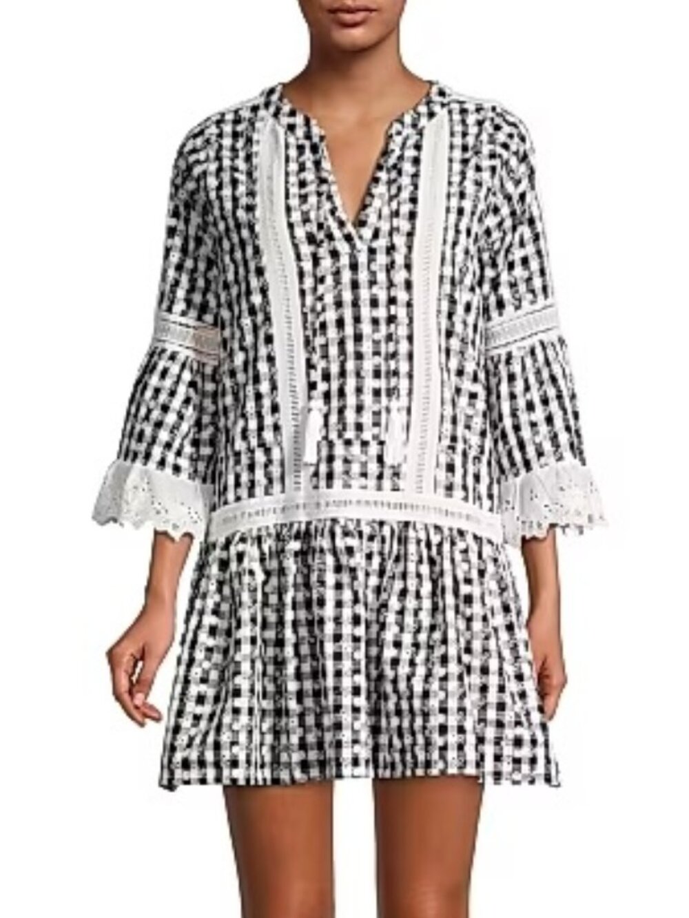 Allison New York Embroidered Gingham Drop Waist Mini Dress size Large